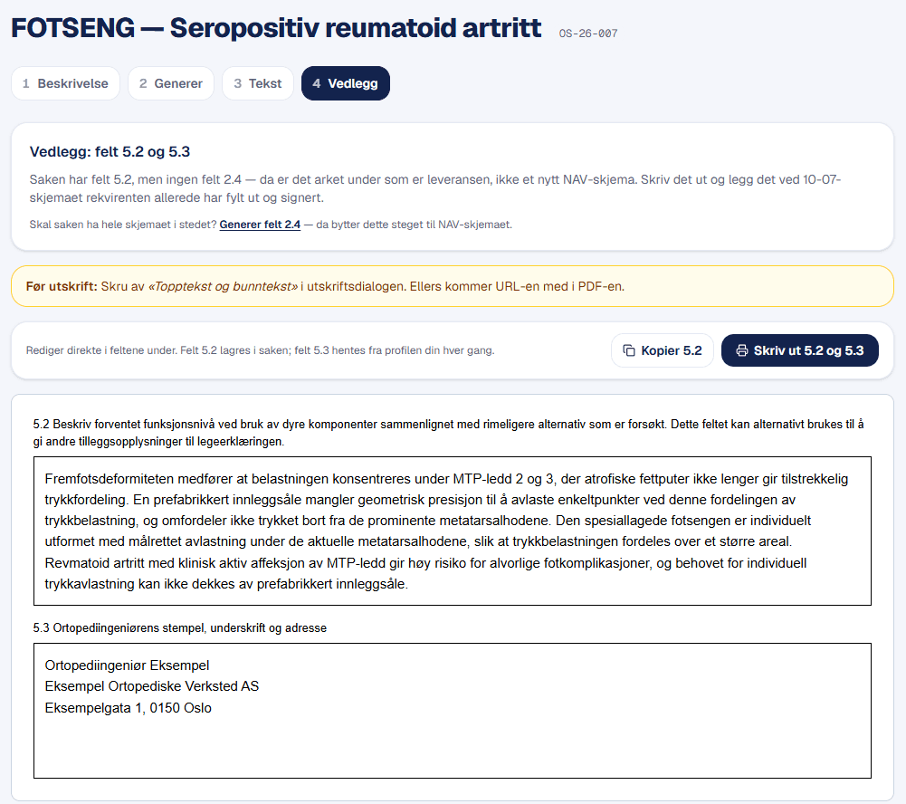 Vedlegget i Ortosmart: felt 5.2 med generert tekst og felt 5.3 prefylt med ingeniørens navn, klinikk og adresse